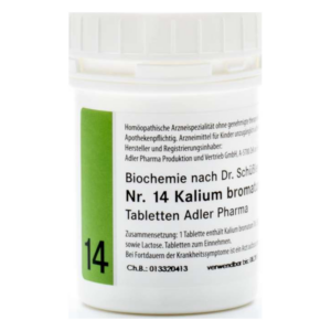 Weißer Kunststoffbehälter mit grünem Etikett und dem Schriftzug "Nr. 14 Kalium bromatum" von Adler Pharma.
