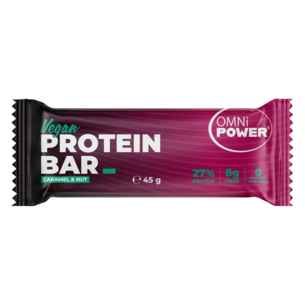 Veganer Proteinriegel mit Geschmacksrichtung Karamell und Nuss in einer lila Verpackung.