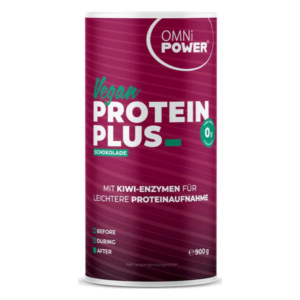 Dosenverpackung von veganem Proteinpulver, Geschmacksrichtung Schokolade, mit Hinweisen zu Kiwi-Enzymen für bessere Proteinaufnahme.