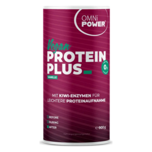 Rundes, lila Pulverbehältnis mit der Bezeichnung "Vegan Protein Plus" von OMNi POWER und Hinweisen zu Kiwi-Enzymen.