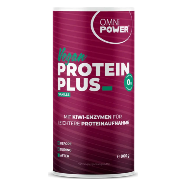 Rundes, lila Pulverbehältnis mit der Bezeichnung "Vegan Protein Plus" von OMNi POWER und Hinweisen zu Kiwi-Enzymen.