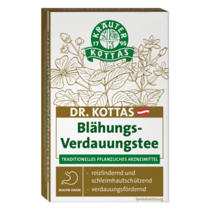 Verpackung von Dr. Kottas Blähungs-Verdauungstee mit Pflanzenmotiven und Informationen zur Anwendung.