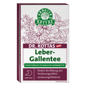 Verpackung von Dr. Kottas Leber-Gallentee mit Kräutermotiven und Hinweisen zu seiner Wirkung.