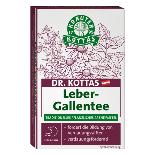 Verpackung von Dr. Kottas Leber-Gallentee mit Kräutermotiven und Hinweisen zu seiner Wirkung.