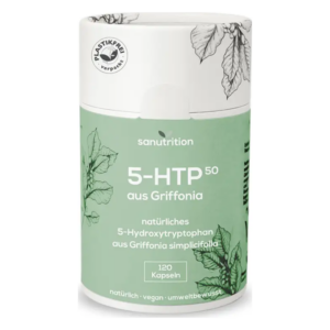 Runde, plastikfreie Dose mit 120 Kapseln von 5-HTP aus Griffonia, grüne und weiße Verpackung mit Pflanzenmotiven.