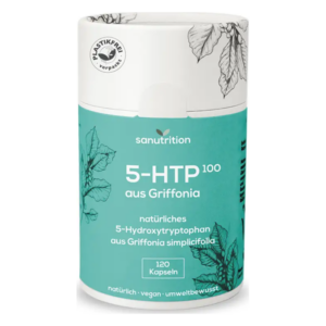Runde, plastikfreie Verpackung für 5-HTP-Kapseln aus Griffonia mit pflanzlichem Design und Informationsaufdruck.