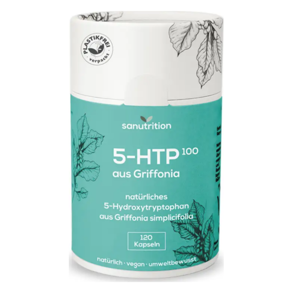 Runde, plastikfreie Verpackung für 5-HTP-Kapseln aus Griffonia mit pflanzlichem Design und Informationsaufdruck.