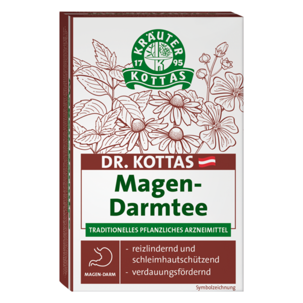 Verpackung von Dr. Kottas Magen-Darmtee mit Kräuterillustrationen und Informationen zu den Wirkungen.