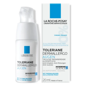 Augenpflege von La Roche-Posay in einem weißen Pumpflakon mit einem blauen Etikett, 20 ml, für empfindliche Haut.