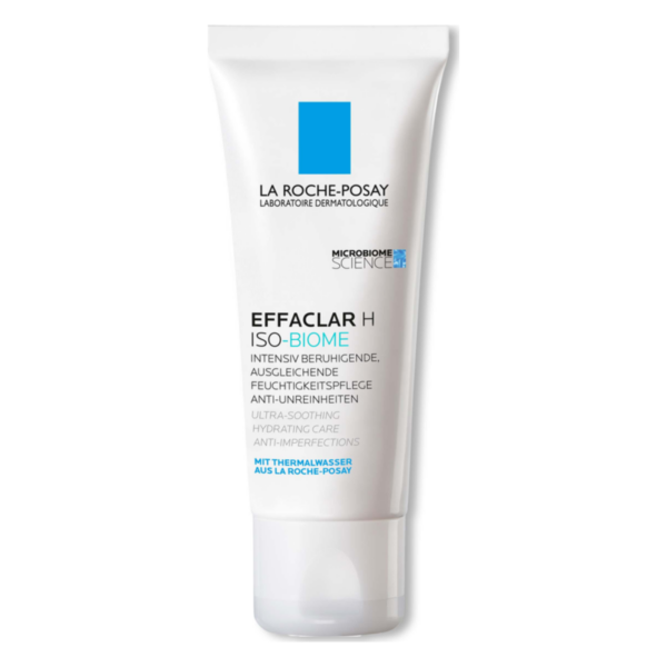 Weiße Tube mit Schraubverschluss von La Roche-Posay, Effaclar H ISO-BIOME Feuchtigkeitspflege, beruhigend und ausgleichend.