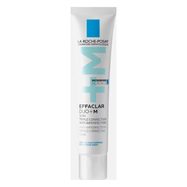 Ein schlanker, weißer Tubus mit blauen Akzenten, beschriftet mit "Effaclar Duo+M" von La Roche-Posay, für Hautpflege.