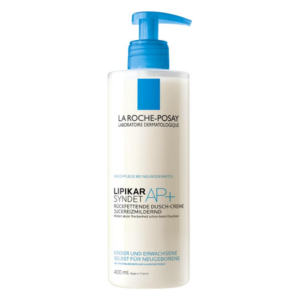 Eine Flasche der La Roche-Posay Lipikar Syndet AP+ Duschcreme mit Pumpverschluss, 400 ml, für trockene Haut.