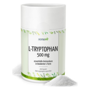 Weißer Behälter mit Deckel, beschriftet mit 'L-Tryptophan 500 mg', umgeben von weißem Pulver.