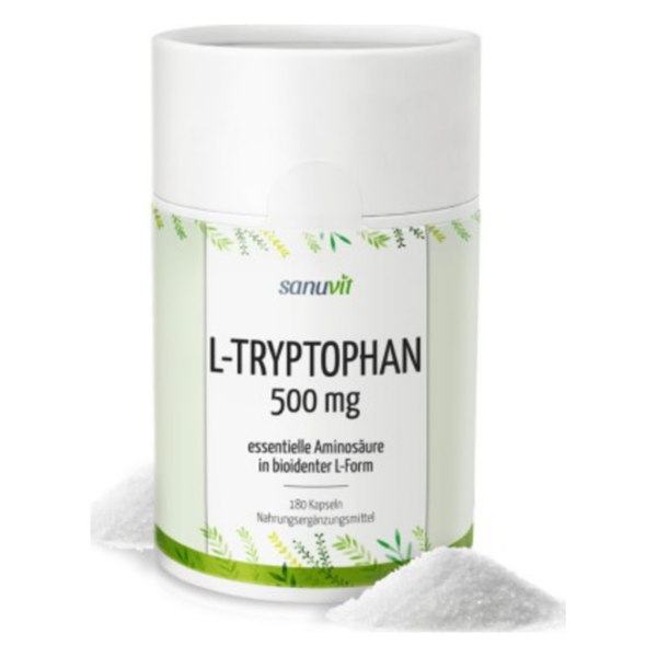 Weißer Behälter mit Deckel, beschriftet mit 'L-Tryptophan 500 mg', umgeben von weißem Pulver.