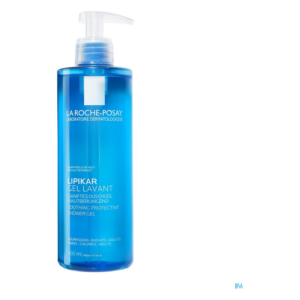 Blaues Pumpflasche mit Duschgel von La Roche-Posay, das sanft und hautberuhigend ist.