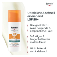 Eucerin Sonnencreme für das Gesicht, LSF 50+, ölfreie Formel, schnell einziehend, ideal für akneanfällige Haut.