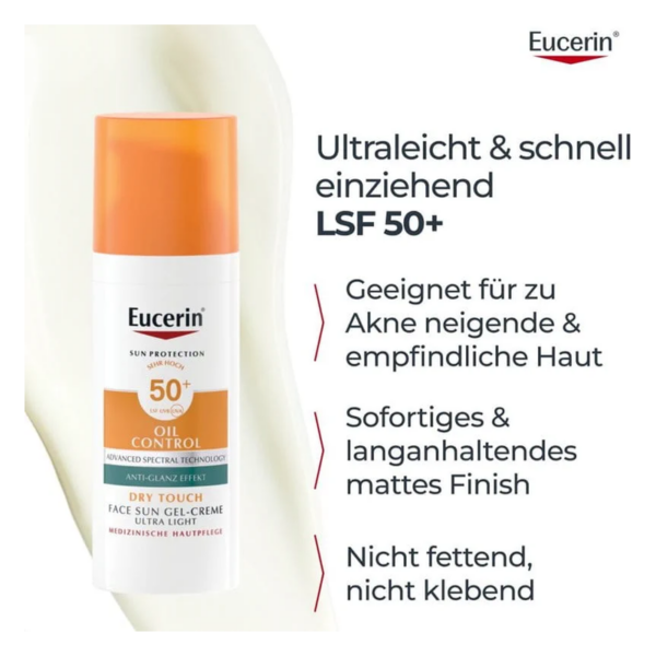 Eucerin Sonnencreme für das Gesicht, LSF 50+, ölfreie Formel, schnell einziehend, ideal für akneanfällige Haut.