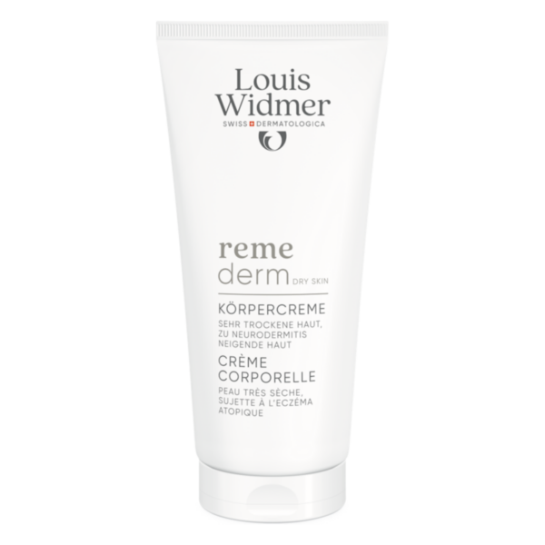 Weiße Tube mit Körpercreme von Louis Widmer für sehr trockene und neurodermitisneigende Haut.